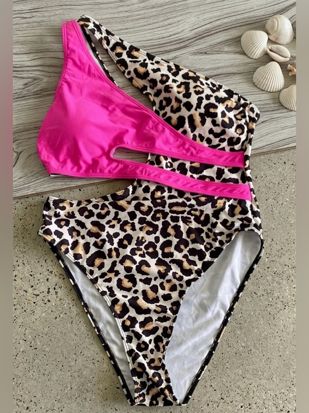 One-Piece Swimsuit in Pink and Leopard Print - Stylish Cutout Design
